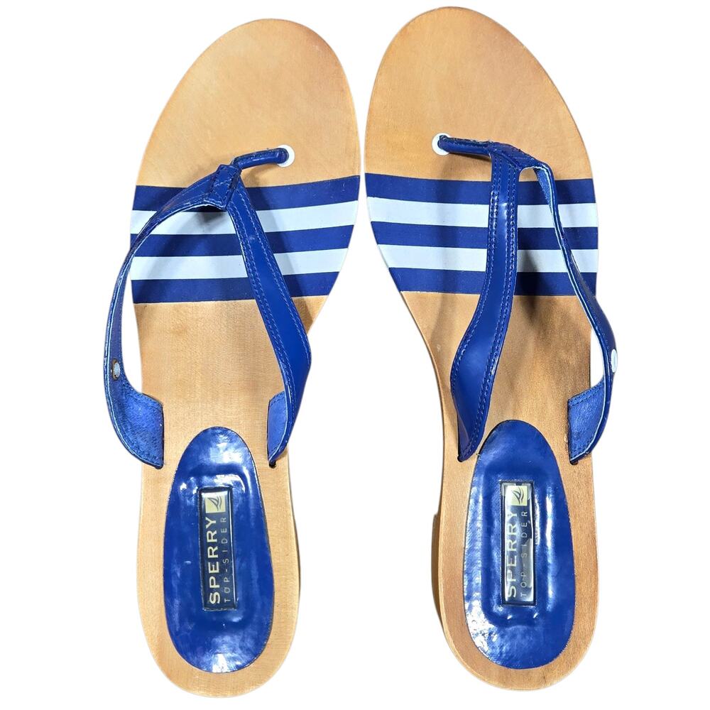 Sperry Wood Sandals Womens 9 Blue Thong Top Sider Flip Flops‎ Beach Nautical